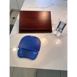 Office Desk Bundle Wood Book Stand Fellowes Gel Mouse Pad Metal Phone Stand